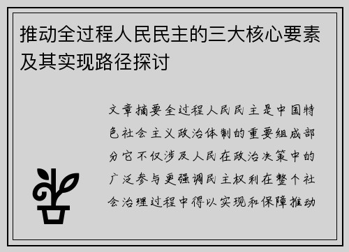 推动全过程人民民主的三大核心要素及其实现路径探讨