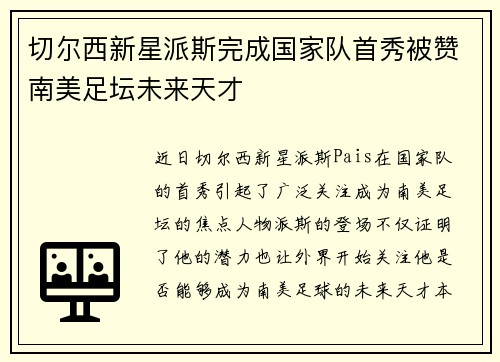 切尔西新星派斯完成国家队首秀被赞南美足坛未来天才