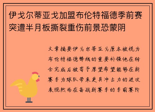 伊戈尔蒂亚戈加盟布伦特福德季前赛突遭半月板撕裂重伤前景恐蒙阴